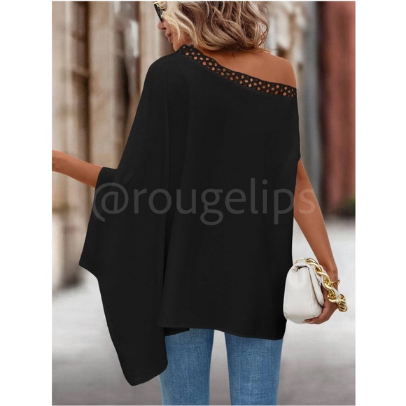 Guipure Trim Off Shoulder Black Loose Fitting Flowy Blouse Top - Picture 2 of 7